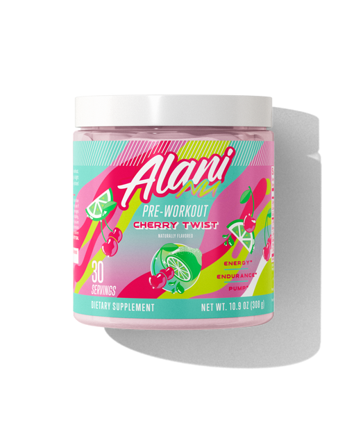 Alani Nu Cherry Twist pre-workout powder, front view